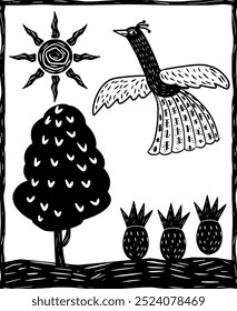 peacock flying over a pineapple plantation. woodcut style and separate vector elements