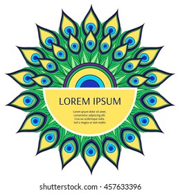 Peacock frame decoration vector element with place for text. Tropical peacock feather banner template for banner, card, flyer or invitation. Frame with colors inspired by Brazil Rio carnival.