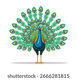 Peacock Front Open Feathers Illustration, Cartoon Peacock Vector Design, Blue, Peacock Illustration