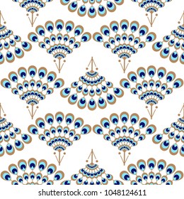 Peacock geometric wave fan seamless vector pattern. Elegant blue and gold detail repeat texture.