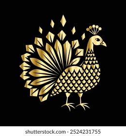 Peacock with a gold ornament on a black background. Vector illustration.