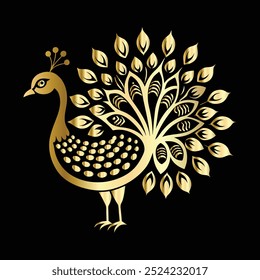 Peacock with gold ornament on black background. Vector illustration.