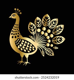 Peacock with gold ornament on black background. Vector illustration.