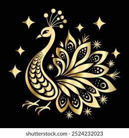 Peacock with gold ornament on black background. Vector illustration.