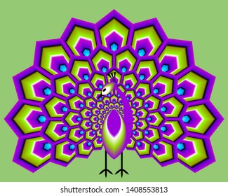 Peacock with green and purple tail in techno stylel. Optical expansion illusion.