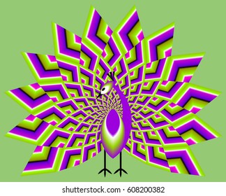 Peacock with green and purple tail in techno style. Spin illusion.