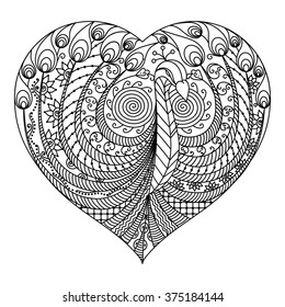 Peacock in heart black and white for avatar or greeting card. Doodles and outline elements: flower, feather and bird. Anti stress coloring page book for art therapy for adult. Vector illustration art.