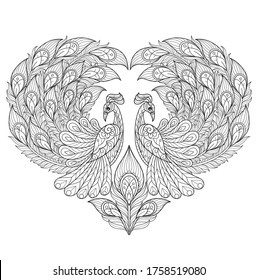 Peacock heart.
Zentangle stylized cartoon isolated on white background. 
Hand drawn sketch illustration for adult coloring book. 
