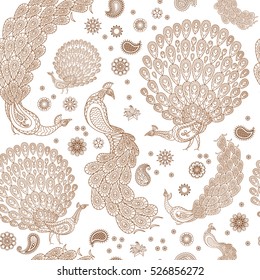 Peacock with henna elements monochrome seamless pattern. Vector illustration