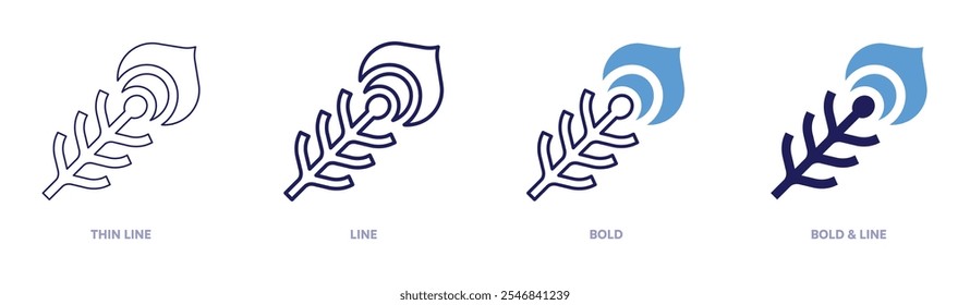 Ícone de pavão em 4 estilos diferentes. Linha fina, Linha, Negrito e Linha Negrito. Estilo duotônico. Traçado editável.