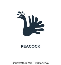 Peacock icon. Black filled vector illustration. Peacock symbol on white background. Can be used in web and mobile.