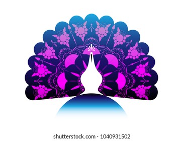 Peacock icon silhouette tail decorated mandala. Logo design vector template Linear style. Outline bird peacock label with luxurious peacock tail feathers in modern line style. Vector isolated colorful