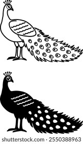 Iconos de pavo real. Ilustración vectorial en blanco y negro. Grande Pájaro. Pavo Real Con Larga Y Hermosa Cola. Para el diseño de libros para colorear. Concepto de animales domésticos