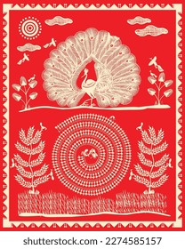 Pfaue und indische Kunst in der Warli-Malerei gezeigt. Moderne Gemälde, Vogel- und Tree Warli-Malerei, Tapete-Illustration Vector Warli Kunst.