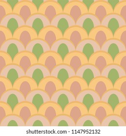 Peacock inspired abstract seamless vector pattern. Wallpaper background in pastel colors, yellow and green