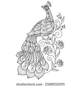 Peacock and ivy leaf hand drawn for adult coloring book