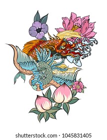 Peacock with Koi dragon design for tattoo.Japanese dragon koi fish and cherry blossom on cloud.peach with Sakura and plum flower on cloud background.Traditional Japanese tattoo for print to t-shirt.