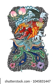 Peacock with Koi dragon design for tattoo.Japanese dragon koi fish and cherry blossom on cloud.peach with Sakura and plum flower on cloud background.Traditional Japanese tattoo for print to t-shirt.