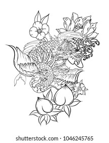 Peacock with Koi dragon design for tattoo.Japanese dragon koi fish and cherry blossom on cloud.peach with Sakura and plum flower silhouette background.Traditional Japanese tattoo for print to t-shirt.