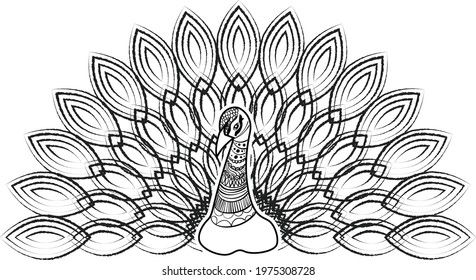 Peacock line art design with beautiful henna design black and white clip art. Indian style peacock design.