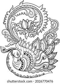 Peacock line art design with beautiful henna design black and white clip art. Indian style peacock design.Decorative peacock design with floral pattern symbol illustration.