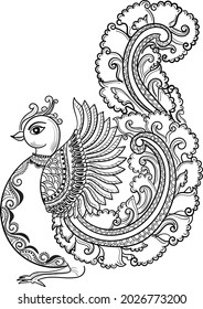 Peacock line art design with beautiful henna design black and white clip art. Indian style peacock design.Decorative peacock design with floral pattern symbol illustration.