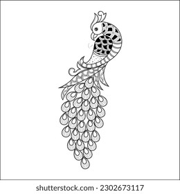 Peacock line art design with beautiful henna design black and white clip art. Indian style peacock design.Decorative peacock design with floral pattern symbol illustration