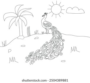 Peacock line art for kids coloring book