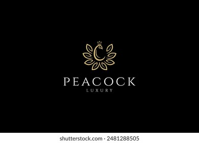 Logotipo de pavo real con combinación de cola de hoja floreciente en estilo de diseño de Vector de Plantilla plana de color dorado lujoso y elegante