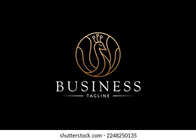 Peacock logo with circle frame in luxury golden color design with linear design style