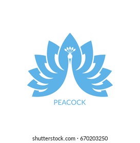 Peacock. Logo. Creative bird. Blue peacock on white background. Abstract animal