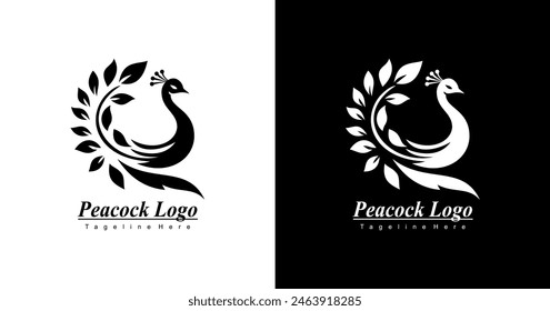 peacock logo design with a towering tail and a leaf shape