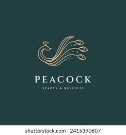 Vector de diseño de logotipo Peacock con estilo de línea de color dorado