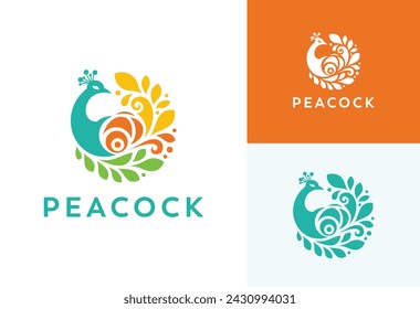 peacock logo design vector inspiration, full color peacock logo