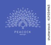 Peacock logo elements. Outline peacock emblem in modern line art style. Vector illustration of bird. Peacock with a huge tail, front view