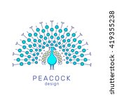 Peacock logo elements. Outline peacock emblem in modern line art style. Vector illustration of bird. Peacock with a huge tail, front view. Colorful logo