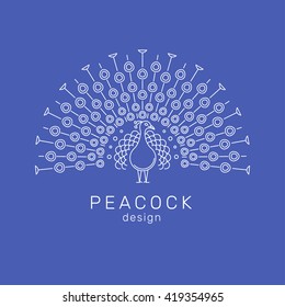 Peacock logo elements. Outline peacock emblem in modern line art style. Vector illustration of bird. Peacock with a huge tail, front view