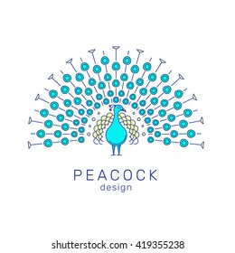 Peacock logo elements. Outline peacock emblem in modern line art style. Vector illustration of bird. Peacock with a huge tail, front view. Colorful logo