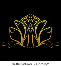 Peacock logo. Gold stripes with a peacock pattern on a black background