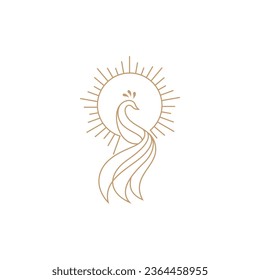 Peacock logo with sun background in line art design style