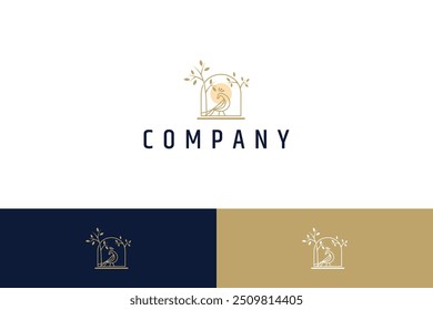 logotipo pavão com árvore e sol em arco quadro