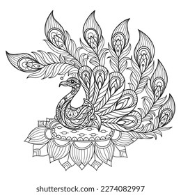 Peacock and lotus hand drawn for adult coloring book