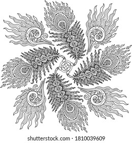 peacock mandala design for coloring page and t-shirt print