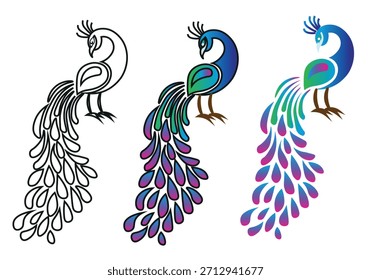 Peacock Mascot, Logo Design Vector, Indian National Bird, Emblem Outline Icon, India Symbol, Beautiful India Feather Illustration