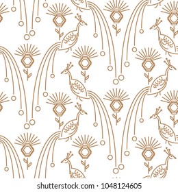 Peacock minimal style seamless vector pattern. Gold line bird with clover flowers repeat elegant texture for print.