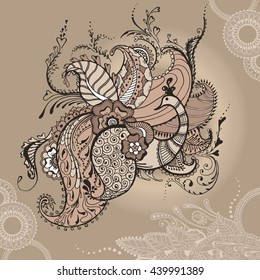 Peacock on the background with floral indian ornaments. Phoenix bird for your design, web page backgrounds, surface textures, print on clothes or else.