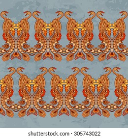 Peacock on the blue background. Pattern for your design wallpapers, web page backgrounds, surface textures.