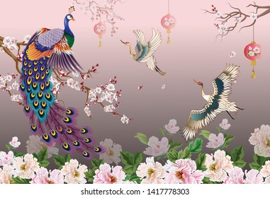 Peacock on the branch, plum blossom and cranes bird  flying on a beautiful background