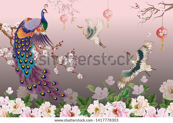 birds design wallpaper, Peacock on the branch, plum blossom and cranes.