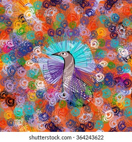 Peacock on the bright multicolored background with feathers. Vector. Seamless pattern.